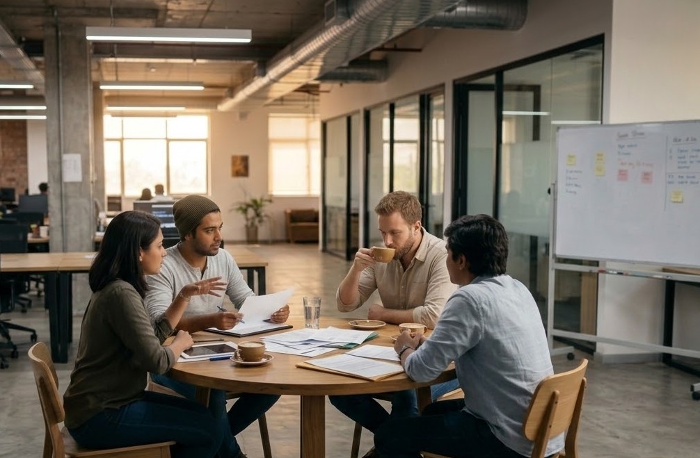 Team discussing project ideas over coffee in a modern office setting with whiteboard notes and documents on a table