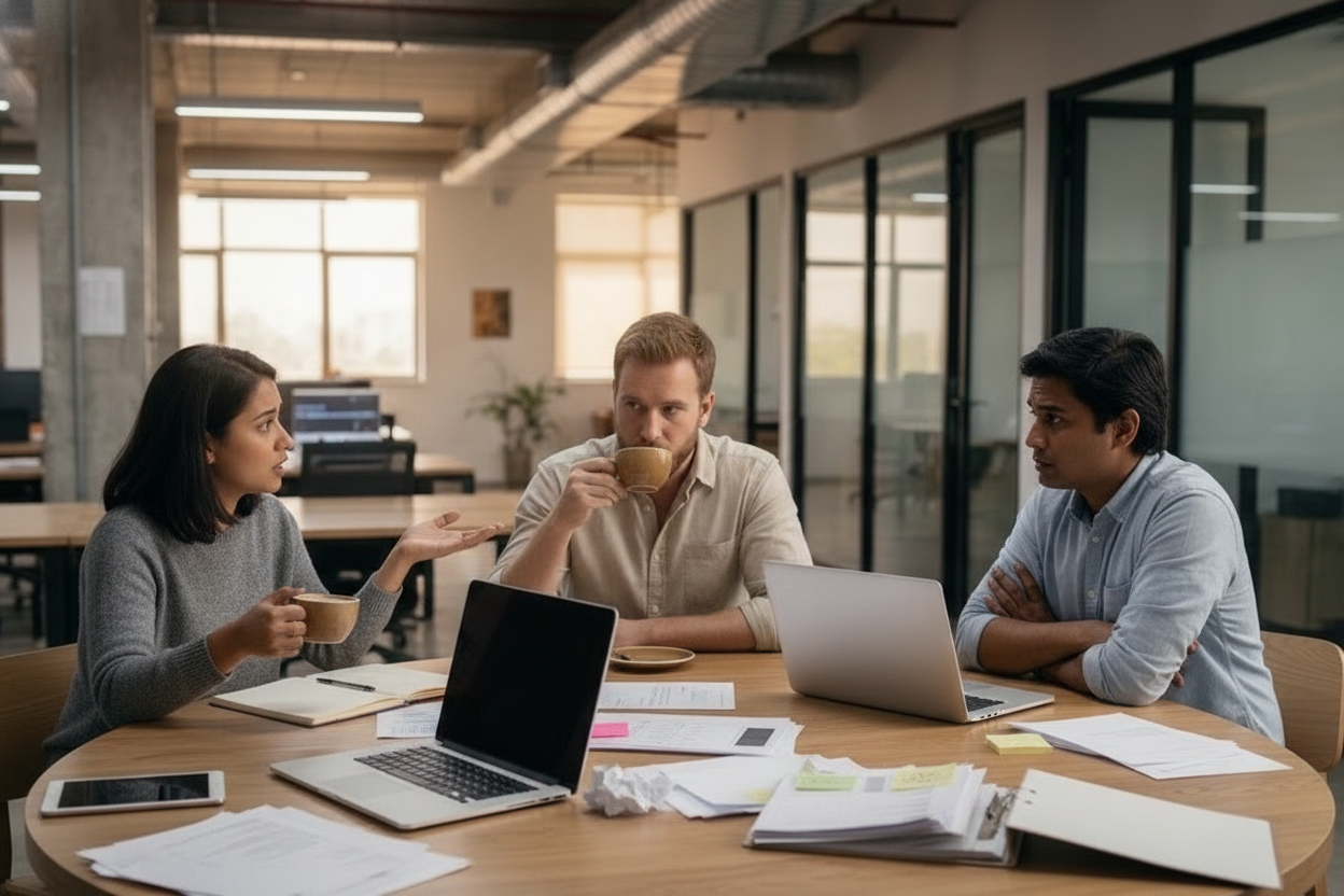 Three professionals discussing scaling of their growing business