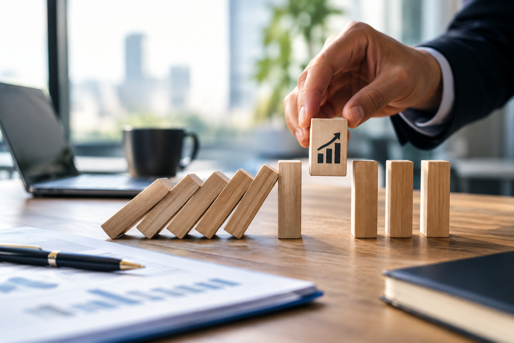 Person preventing domino effect with growth chart block, symbolising business stability and progress at office desk